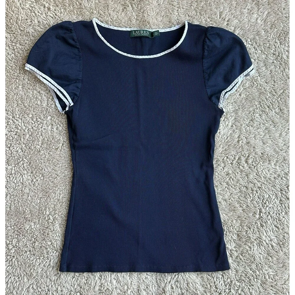 Lauren Ralph Lauren Cap Sleeve Top Womens L Ribbed Knit Nautical Preppy Shirt